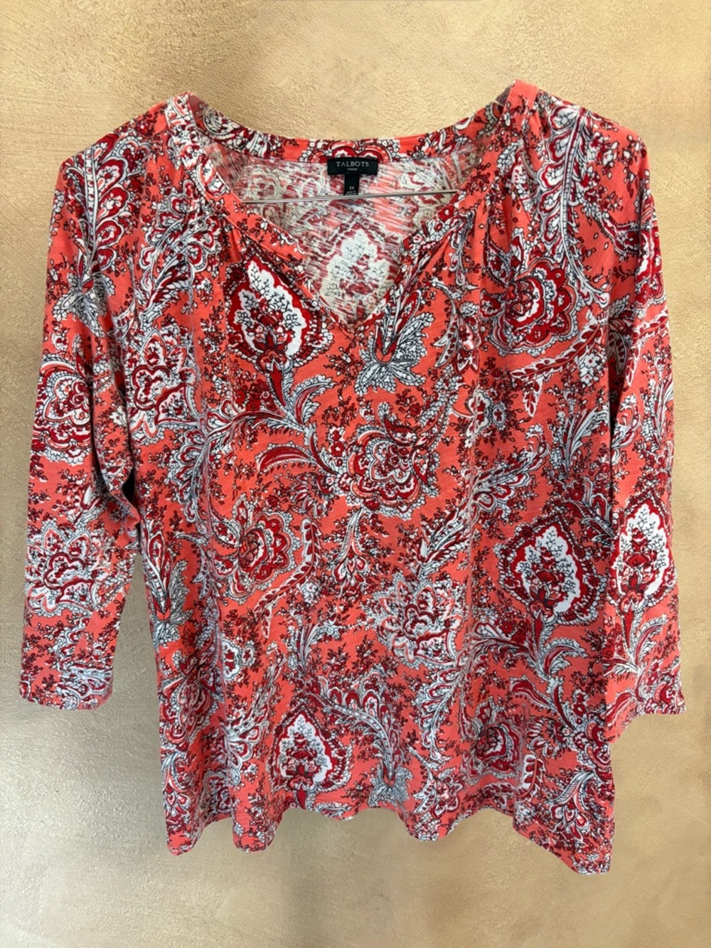 Talbots Coral Paisley Split V-Neck Long Sleeve Top 1X